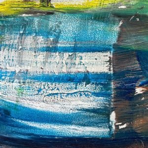 An abstract painting featuring loose horizontal brush strokes. Darker shades at the bottom and to the right. Distinct yellow at the top.